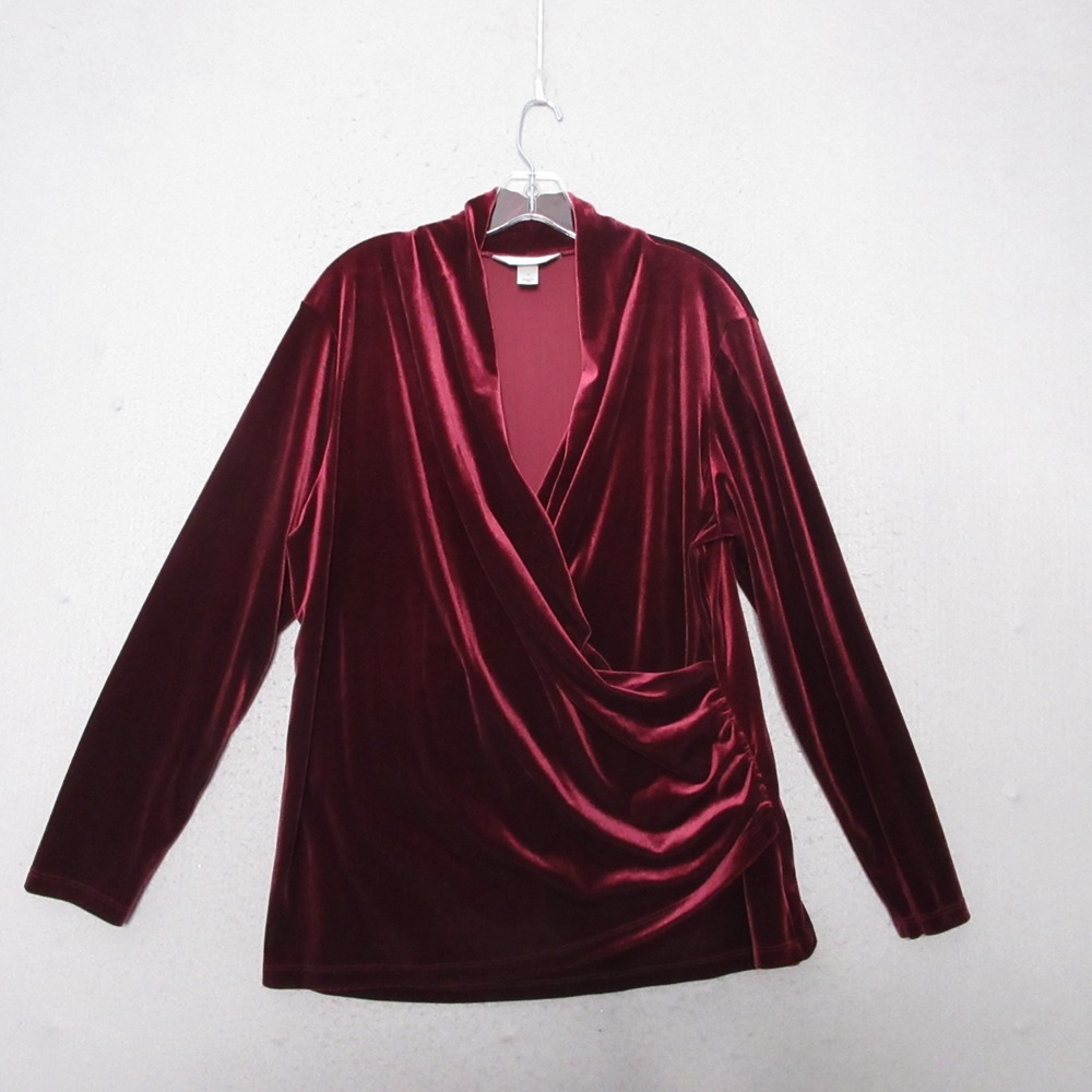 CJ Banks Top X Red Burgundy Velvet‎ Holiday Whimsigoth Faux Wrap Timeless USA